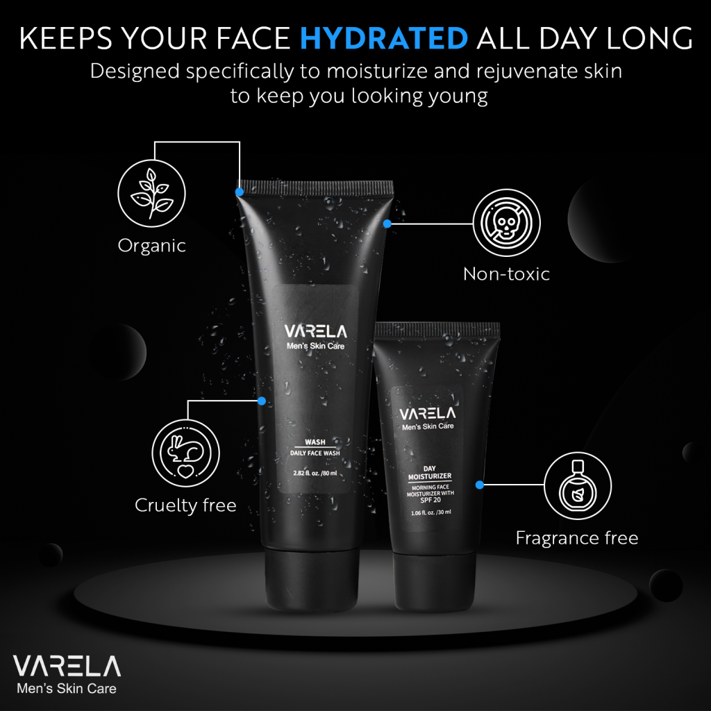 VARELA premium Men's Skin Care with day moisturizer with spf, night moisturizer, face wash and face exfoliator.